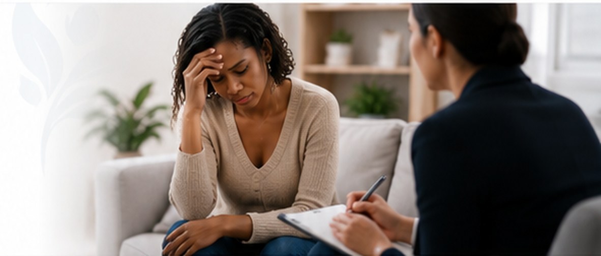 A clinician listening carefully to a client during a session