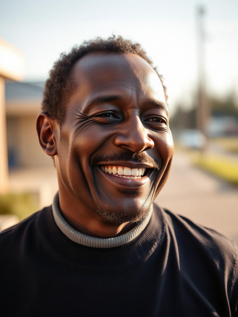 A client smiling outdoors after beginning care