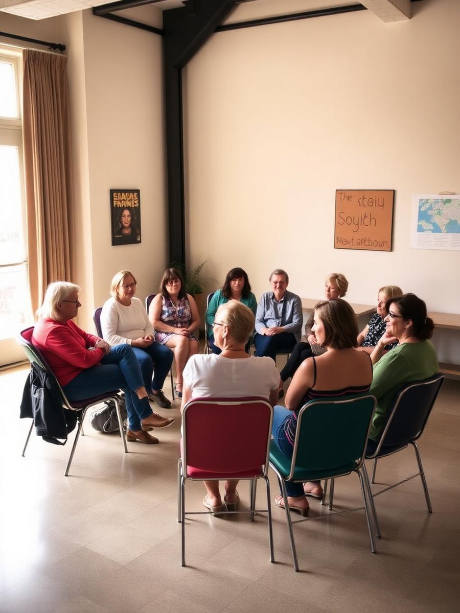 A community support group meeting in a bright room