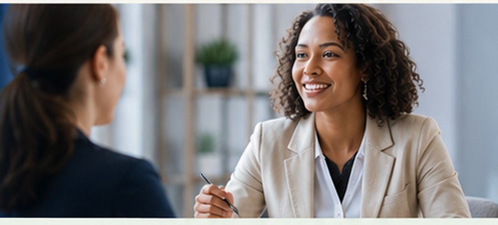 Two professionals discussing a client referral
