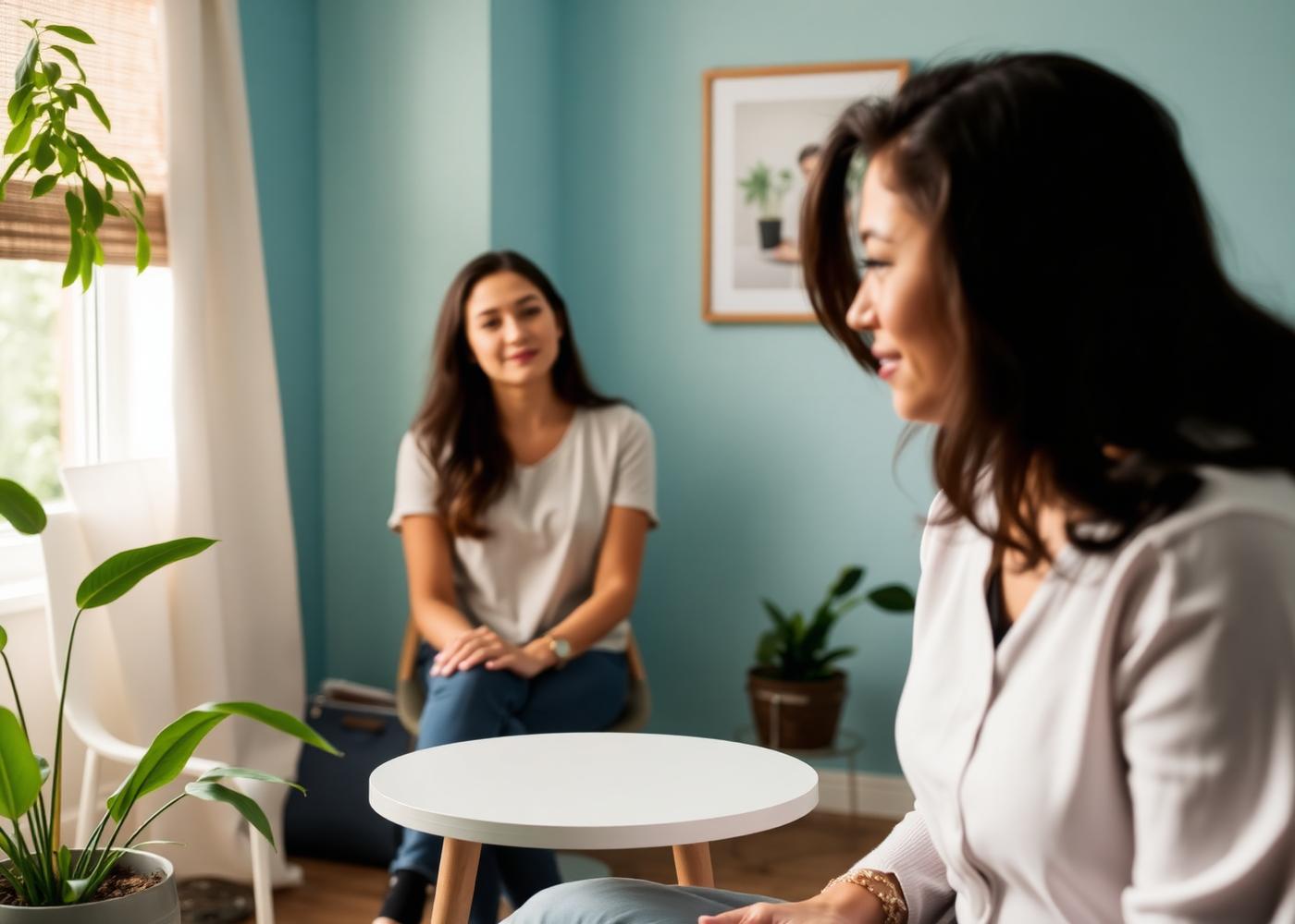 A New Hope counselor speaking with a client in a sunlit therapy room